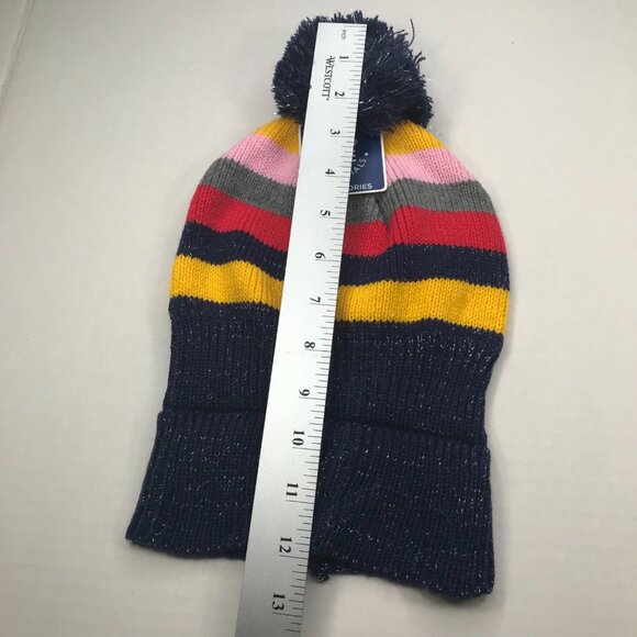 Winter Essentials Girls One Size Multicolor Stripe Knit Beanie with Pom New - Picture 9 of 11